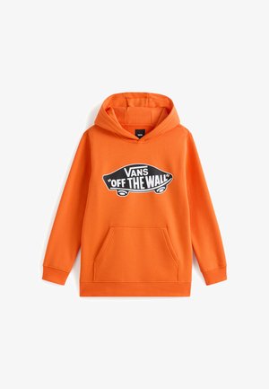 Oranje pullover hoodie gemaakt van zacht stof, met een zwarte "VANS 'OFF THE WALL'" logo-print, een voorzak in kangoeroestijl en geribbelde manchetten.
