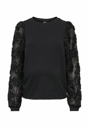 Crna majica s kapuljačom koja ima čipkaste rukave ukrašene cvjetnim motivima, rebraste manžete i okrugli izrez. Tijelo ima glatku, jednostavnu teksturu.