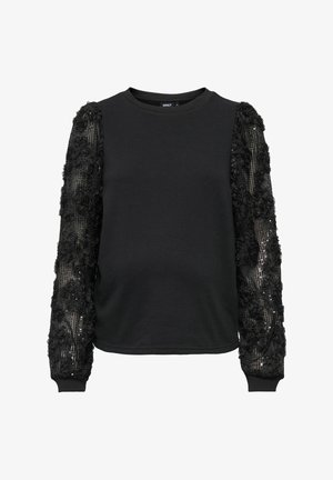 Sweatshirt noir avec des manches en mesh ornées de fleurs, des poignets côtelés et un col rond. Le corps a une texture lisse et unie.