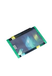 Rectangular cardholder in multi-color fabric featuring geometric patterns, green trim, and a mesh panel. Compact and lightweight design.