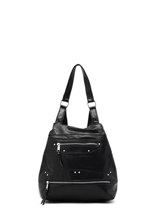 Black leather handbag with a slouchy design, two zippered front pockets, silver hardware accents, and a single adjustable strap.