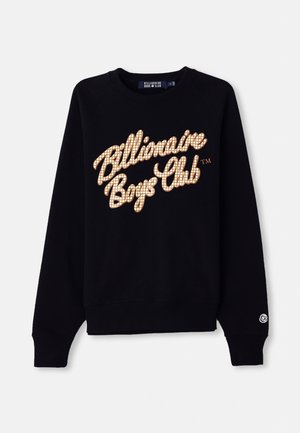 Black sweatshirt featuring a large, grid-patterned, gold and white "Billionaire Boys Club" logo on the front, with ribbed cuffs and hem.