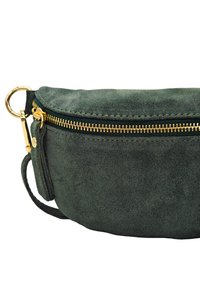 Sac bandoulière en daim vert avec une forme arrondie, fermeture éclair dorée et une bandoulière détachable. Texture lisse sans motifs visibles.