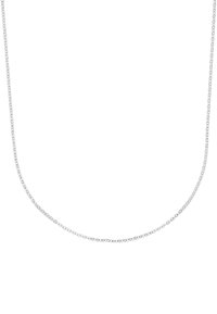 Kedja av silver metall med små sammanlänkade länkar, med en slät yta och en enkel design, hängande rakt ner med en lätt kurva.