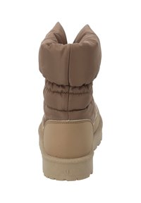 Braune isolierte Knöchelstiefel mit gepolstertem Obermaterial, glatter Textur und dicker Gummisohle. Raffung am Kragen für einen festen Sitz.