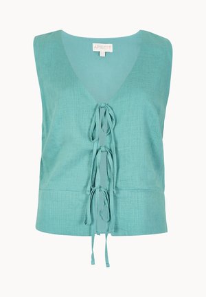 Ärmellose türkisfarbene Leinenweste mit tiefem V-Ausschnitt und drei vorderen Knotenverschlüssen, am Kragen mit "Apricot" beschriftet.