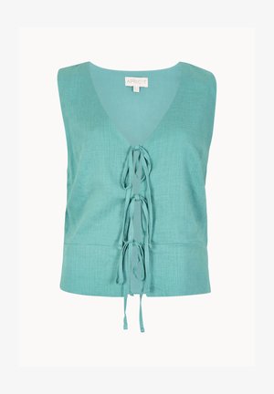 Chaleco sin mangas de lino turquesa con escote en V profundo y tres cierres de lazo en la parte delantera, etiquetado como "Apricot" en el cuello.