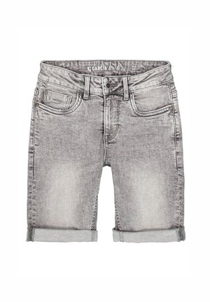 Grijze denim shorts met opgerolde boorden, knoop aan de voorkant en rits, twee voorzakken en riemlussen, met het merk Garcia Jeans in de binnenband.