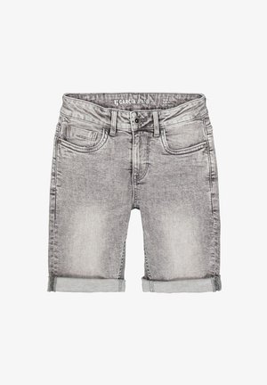 Grijze denim shorts met opgerolde boorden, knoop aan de voorkant en rits, twee voorzakken en riemlussen, met het merk Garcia Jeans in de binnenband.