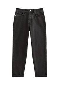 Jeans in denim neri con orli risvoltati, chiusura a bottone e zip frontale, passanti per cintura e design a cinque tasche.