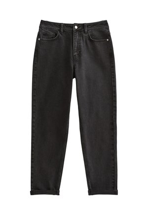 Jeans de mezclilla negra con puños enrollados, cierre frontal de botón y cremallera, trabillas para cinturón y diseño de cinco bolsillos.