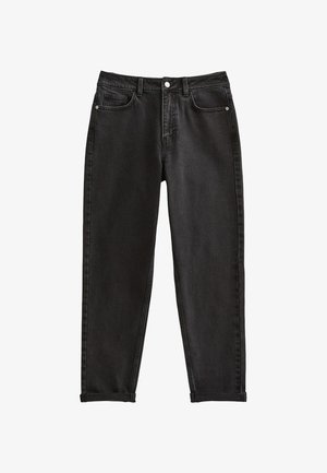 Jeans in denim neri con orli risvoltati, chiusura a bottone e zip frontale, passanti per cintura e design a cinque tasche.