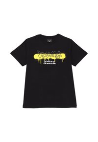Maglietta nera in cotone con grafica in stile spray giallo contenente la parola "Disclaimer" e un messaggio secondario in bianco. Maniche corte.