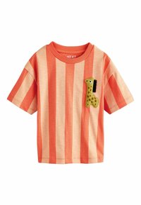 Tricou cu mâneci scurte, cu dungi portocalii și crem, cu un patch verde în formă de girafă, având accente negre. Fabricat din material moale și respirabil.