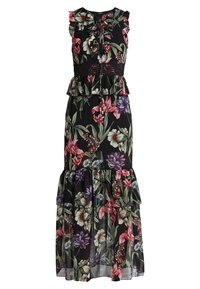 Robe florale avec un fond noir, présentant des manches à volants, un corsage ajusté et une jupe à volants. Motifs floraux remarquables en rose et violet.