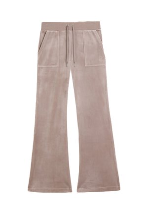 Hellbraune, ausgestellte Sweatpants aus weichem Velours, mit einem Kordelzugbund, zwei vorderen Taschen und dezentem Logo-Stick.