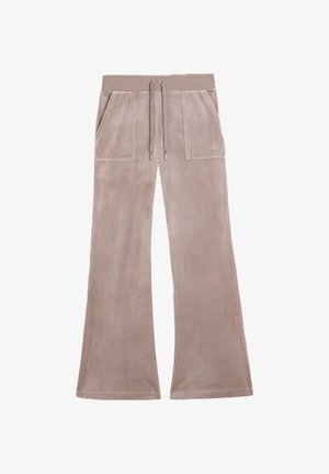 Pantaloni da jogging a campana color marrone chiaro, realizzati in morbido velluto, con vita regolabile tramite coulisse, due tasche frontali e un ricamo del logo discreto.