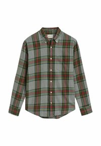 Geruit overhemd met knoopsluiting in groen, rood en wit met een contrasterend ruitpatroon. Lange mouwen, klassieke kraag en borstzak.