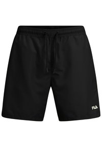 Pantaloni da bagno neri realizzati in materiale leggero, con vita elastica e cordini, e un piccolo logo bianco sul lato inferiore destro.