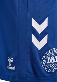 Närbild av blått sporttyg med vitt hummel-logotyp, två vita chevrons och ett cirkulärt emblem med text och ett datum.