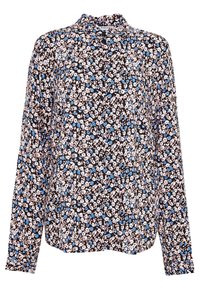 Blusa floreale con sfondo nero e piccoli fiori rosa e blu, maniche lunghe, colletto alla cinese e chiusura frontale con bottoni.