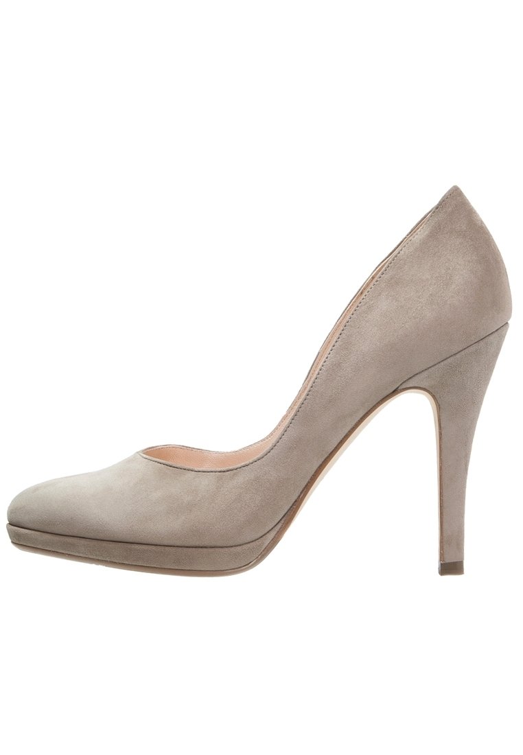 Beige suede high heel shoe with a rounded toe, a smooth texture, and a slim stiletto heel. Features a cushioned insole for comfort.