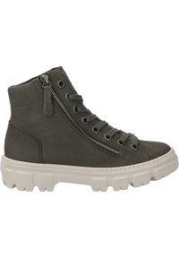 Baskets montantes gris foncé en cuir texturé, avec une fermeture éclair sur le côté, un laçage à l'avant et une semelle en caoutchouc blanc épaisse.