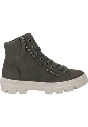 Baskets montantes gris foncé en cuir texturé, avec une fermeture éclair sur le côté, un laçage à l'avant et une semelle en caoutchouc blanc épaisse.