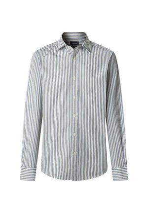 Koszula w paski, długie rękawy, z pionowymi paskami w jasnoniebieskim, granatowym i białym kolorze, z klasycznym kołnierzykiem i standardowym krojem.