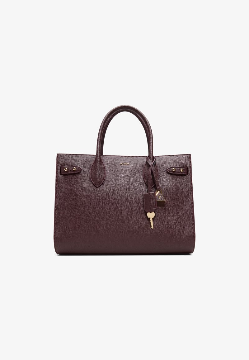 Burgundy leather handbag with textured finish, two handles, gold hardware accents, and a small lock attachment with a key.