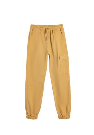 Gule cargo-bukser med elastisk talje, forlommer og en ekstra sidelomme. Stoffet er glat med en blød tekstur.