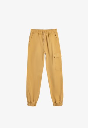 Gule cargo-bukser med elastisk talje, forlommer og en ekstra sidelomme. Stoffet er glat med en blød tekstur.