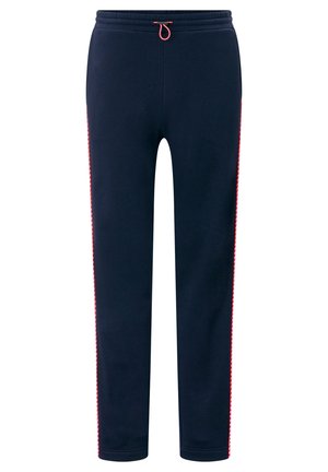 Granatowe dresy z elastycznym pasem i czerwonym sznurkiem, z czerwonymi paskami po bokach na całej długości każdej nogawki.