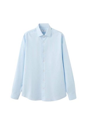 Cămașă lungă cu mâneci, de un albastru deschis, cu închidere prin butoni, având un guler clasic, dungi verticale subtile și un tiv drept.