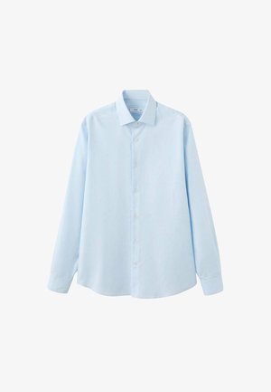 Svetlomodrá košeľa s dlhým rukávom a zapínaním na gombíky, s klasickým golierom, jemnými vertikálnymi prúžkami a rovnými okrajmi.