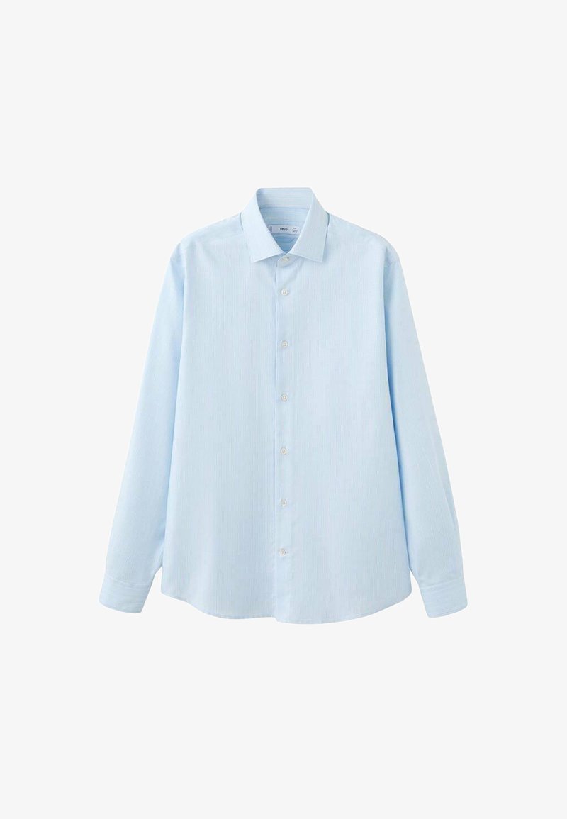 Himmelblaues langärmliges Hemd mit Knopfleiste, klassischem Kragen, dezenten vertikalen Streifen und geradem Saum.