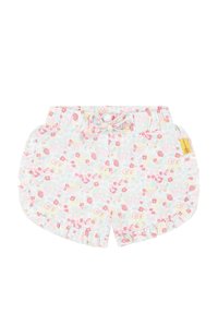 Pantalones cortos con un patrón floral en un fondo azul claro, que presenta flores rosas, amarillas y rojas. Cintura elástica con un pequeño detalle de lazo.