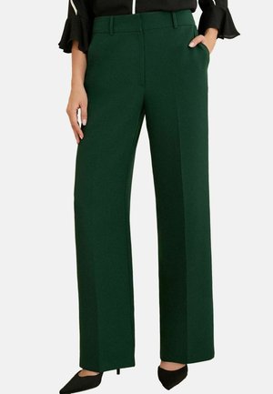 Grüne weit geschnittene Hosen mit glatter Textur, ausgestattet mit seitlichen Taschen und einem taillierten Bund. Kombiniert mit schwarzen spitz zulaufenden Schuhen.