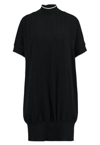 Černý top s krátkými rukávy a vysokým límcem. Má žebrovaný výstřih a manžety, volný střih a nařasený spodní lem pro efekt bluzonu.