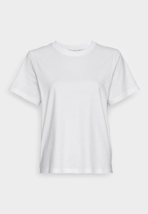 Weißes Baumwoll-T-Shirt mit kurzen Ärmeln, Rundhalsausschnitt und lässigem Schnitt. Glatte Textur, keine Muster oder Grafiken, einfaches Design.