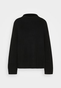 Schwarzer, gestrickter Pullover mit hohem Kragen, lockerer Passform und gerippter Textur. Lange Ärmel und ein gerader Saum ohne sichtbare Beschläge oder Akzente.