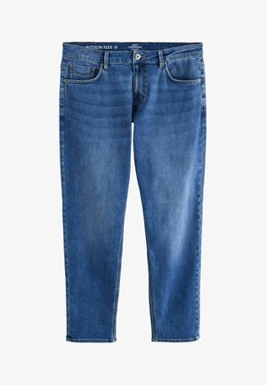 Zili džinsu bikses ar taisnu griezumu, piecām kabatām un vidēja augstuma jostasvietu. Audumam ir gluda tekstūra ar nelielu izbalēšanu.