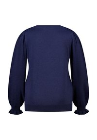 Marineblauwe trui met lange pofmouwen en gerimpelde manchetten. Zachte stof, ronde halslijn en een gladde textuur. Achteraanzicht weergegeven.