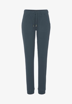 Dark teal jogger pants made of ribbed fabric, featuring an elastic waistband with a drawstring and cuffed hems.
