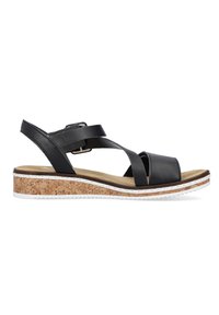 Black leather sandal with cross straps, cork-style wedge, white sole, and a buckle detail on the ankle strap. Flat footbed with slight padding.