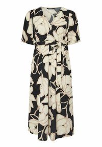 Knytdress i lätt tyg med svart bakgrund och stora krämfärgade blommönster, V-ringning, korta ärmar och ett knytbälte.