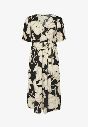 Wikkeljurk gemaakt van lichtgewicht stof, met een zwarte achtergrond en grote crèmekleurige bloemenpatronen, V-hals, korte mouwen en een strikceintuur.