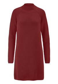 Abito maglione rosso lavorato a maglia con maniche lunghe, collo alto e texture a costine. Presenta una vestibilità rilassata e un design senza cuciture sulle spalle a raglan.