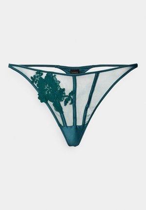 Teal Spitze-Stringtanga mit transparenten Netzpaneelen, Satinakzenten und filigraner floraler Stickerei auf einer Seite. Minimalistisches Design mit glatter Oberfläche.