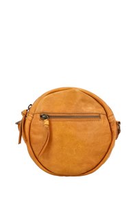 Borsa a tracolla rotonda in pelle arancione con tasca frontale con zip, texture liscia e dettagli cuciti. Design compatto, facile da portare.